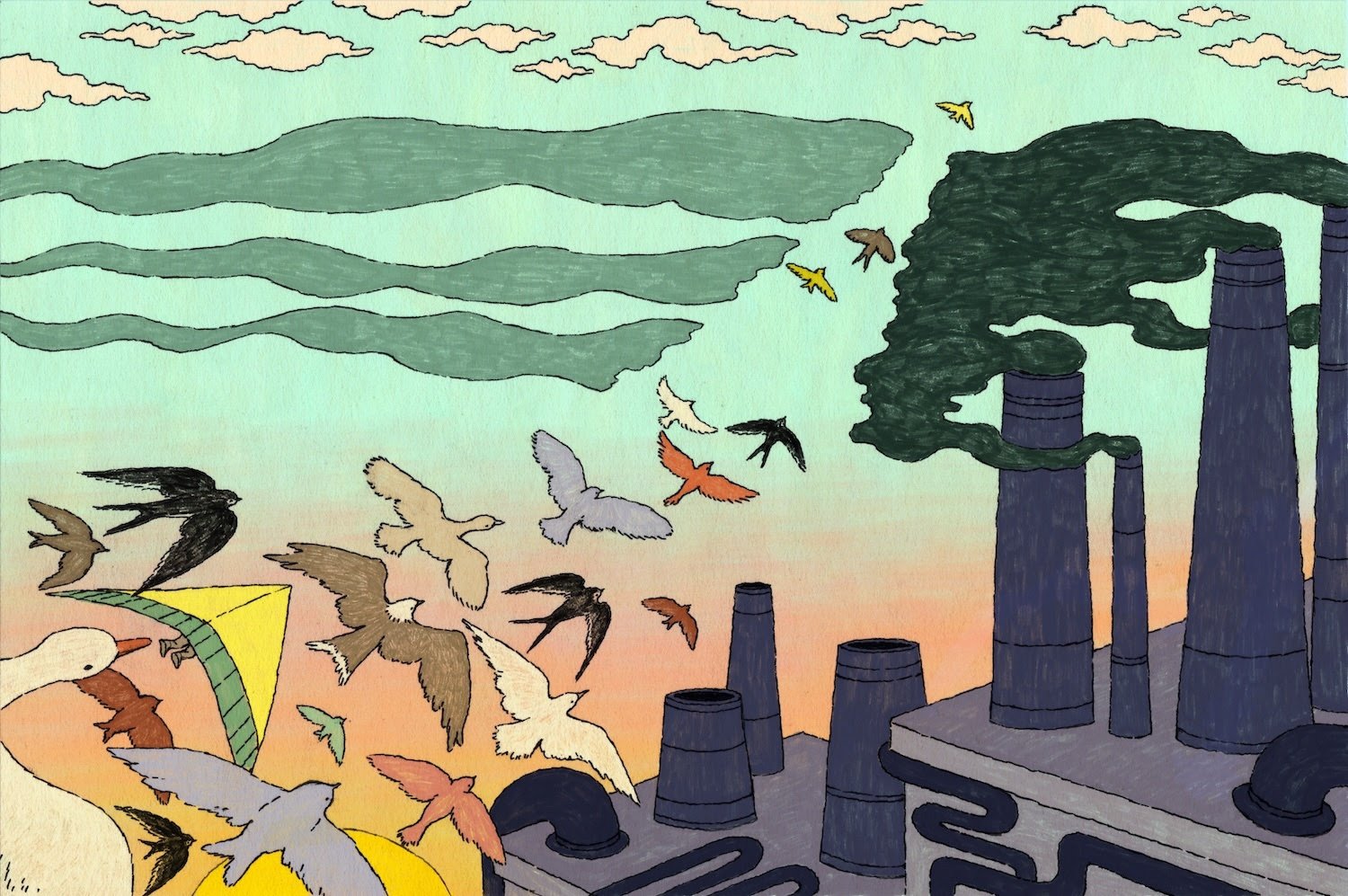 Illustration d'une centrale industrielle dont les cheminées crachent une épaisse fumée noire, des oiseaux fuyant dans un ciel au coucher du soleil