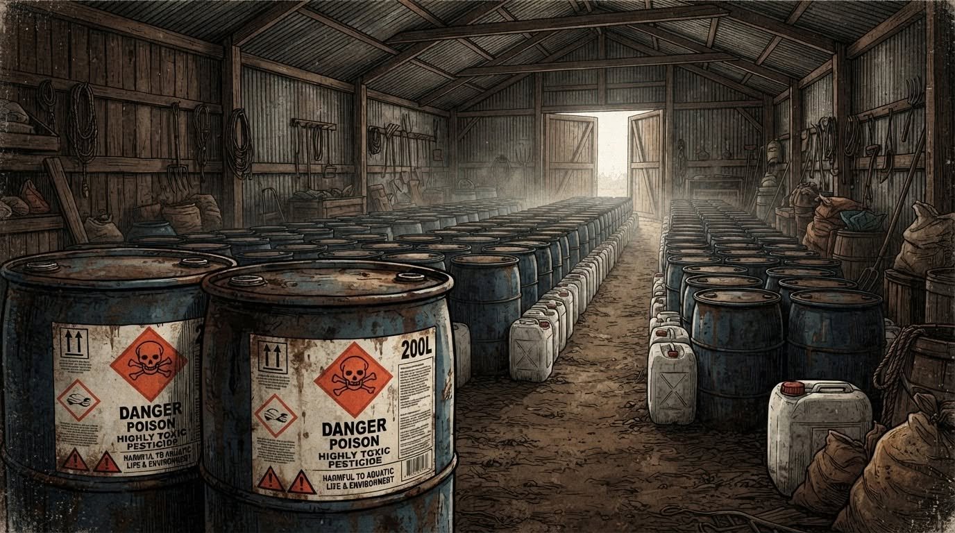 Hangar agricole rempli de fûts de pesticides alignés, étiquetés « Danger Poison », évoquant l'ampleur des produits chimiques en agriculture