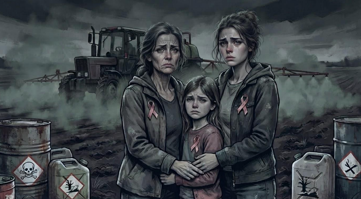 Illustration sombre d'une mère, d'une adolescente et d'une petite fille au ruban rose, debout devant un champ pulvérisé par un tracteur, entourées de bidons de pesticides étiquetés « poison »