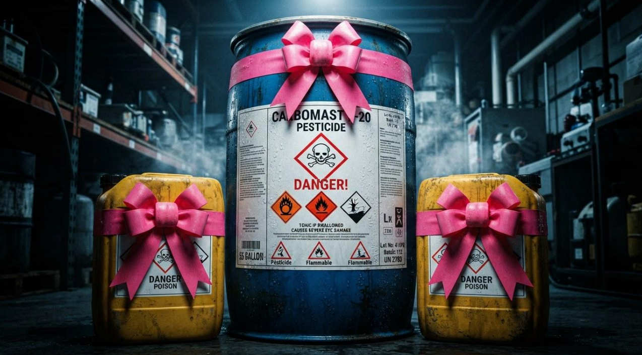 Bidons de pesticides étiquetés « Danger Poison » ornés de rubans roses, détournant le symbole d'Octobre Rose